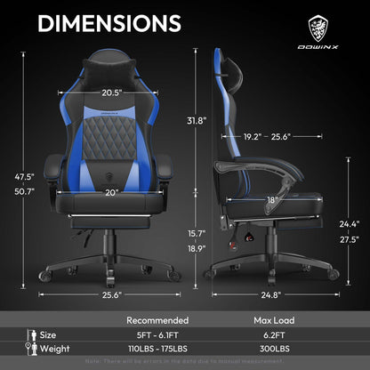 Dowinx Gaming Chair with Pocket Spring Cushion, Ergonomic Computer Chair with Massage Lumbar and Footrest for Adults, High Back Game Chair Leather for Office Gaming 300LBS, Blue New