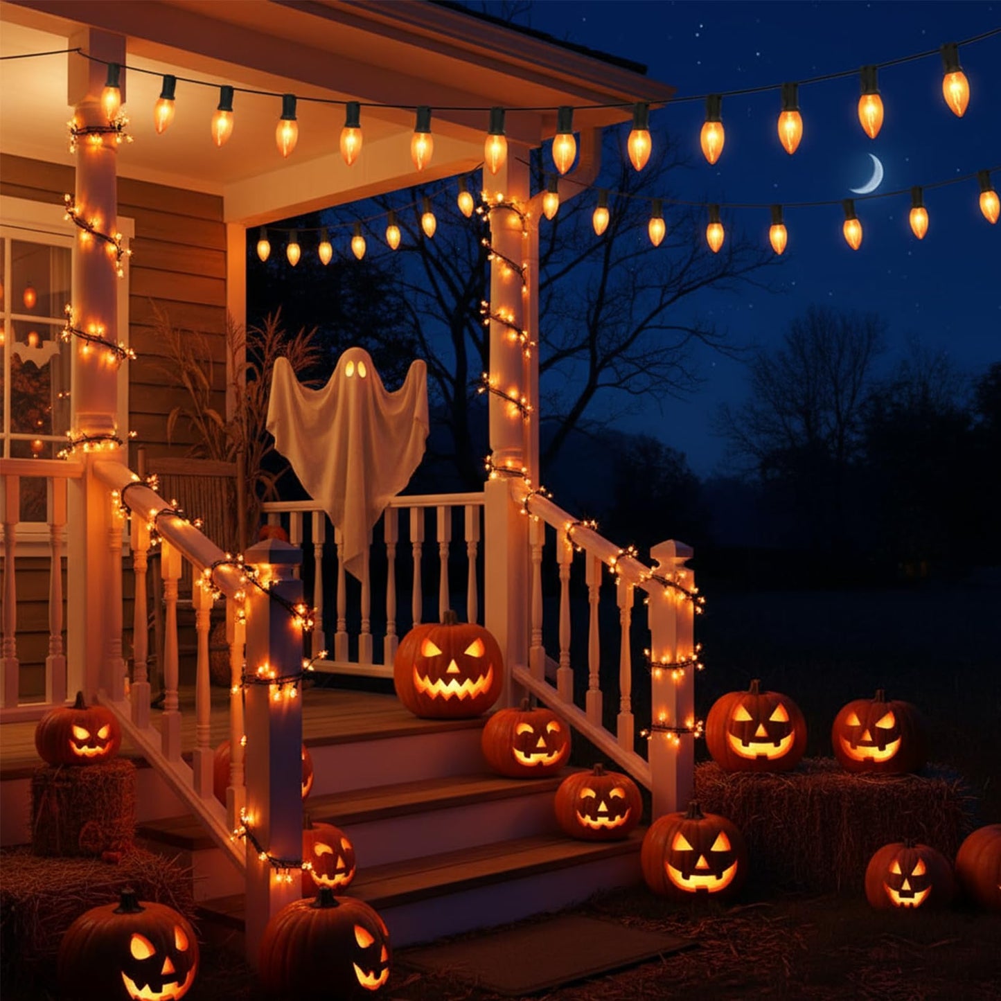 Konictom C9 Orange Halloween Light Bulbs, 25-Pack E17 Base, Waterproof Outdoor Bulbs for Halloween Decorations, Patio & Yard Lighting, Spooky Glow for Parties, Pathway & Events