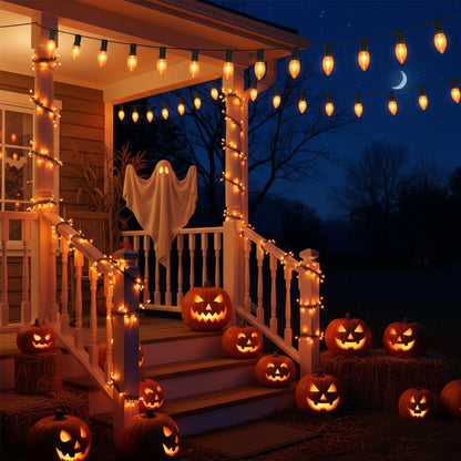 Konictom C9 Orange Halloween Light Bulbs, 25-Pack E17 Base, Waterproof Outdoor Bulbs for Halloween Decorations, Patio & Yard Lighting, Spooky Glow for Parties, Pathway & Events