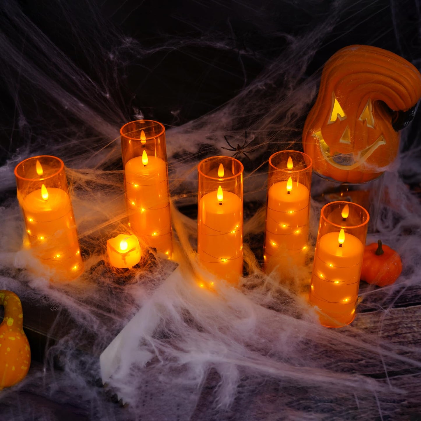 kakoya Flameless LED Candles with Timer 5 Pc Flickering Flameless Candles for Romantic Ambiance and Home Decoration Stable Acrylic Shell,with Embedded Star String，Battery Operated Candles（Orange）