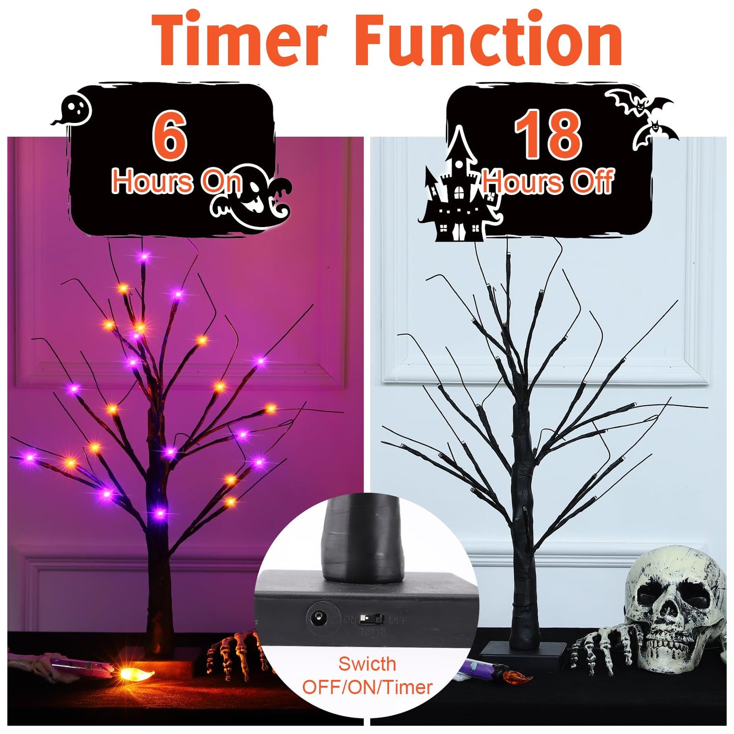 Efunly 2 Pack 24 Inch Halloween Black Spooky Tree with Orange & Purple Lights, USB&Battery Operated Tabletop Halloween Black Tree with Timer for Indoor Home Holiday Party Decorations