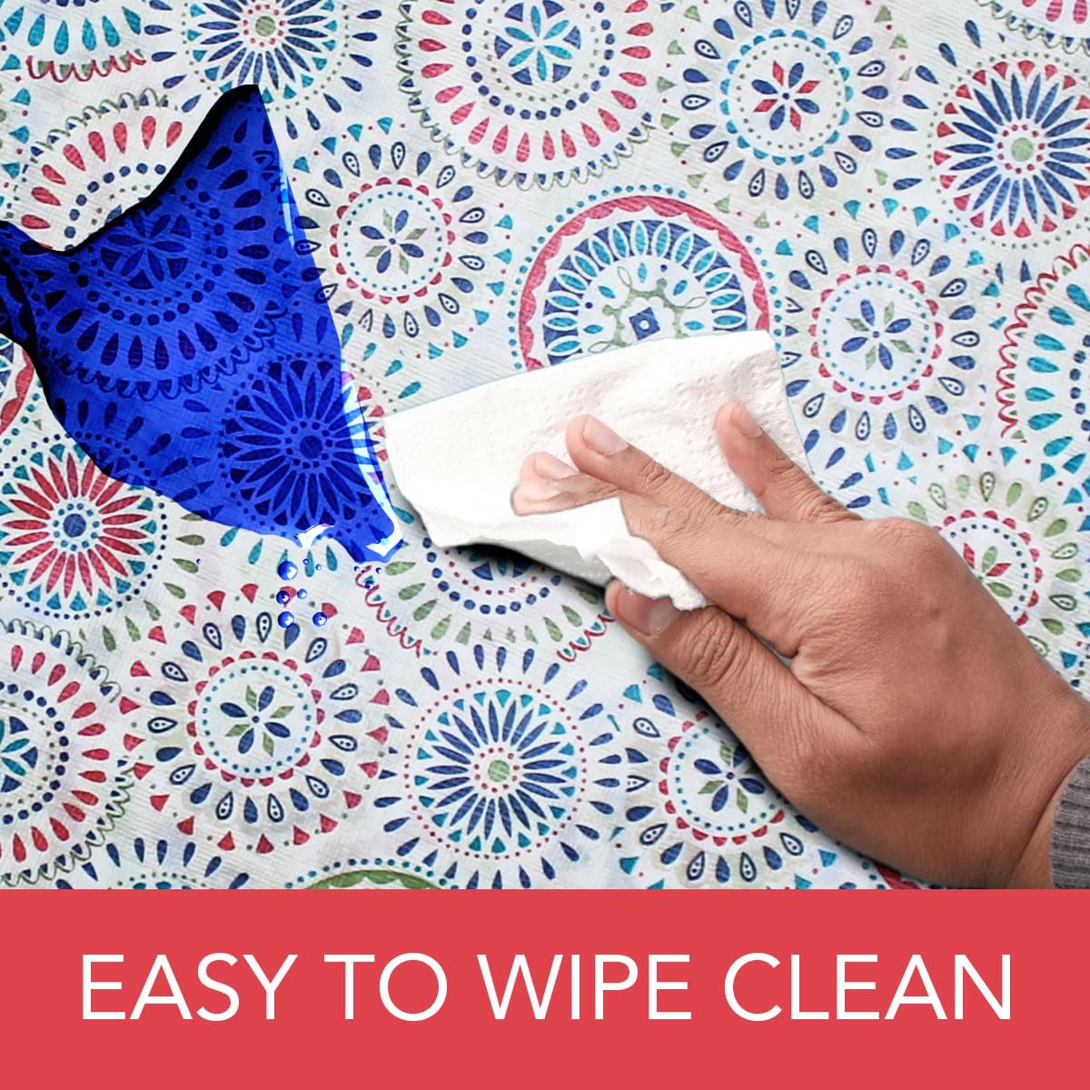 Covers For The Home Deluxe Elastic Edged Flannel Backed Vinyl Fitted Table Cover - Multi-Color Geometric Medallion Pattern - Large Round - Fits Tables up to 45" - 56" Diameter