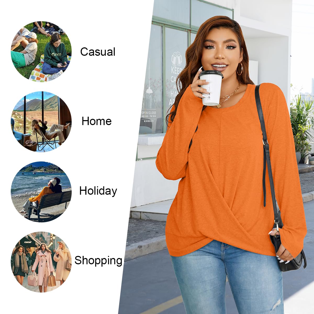 HOTGIFT Womens Halloween Orange Tunic Tops Long Sleeve Shirts Fall Winter Casual Crewneck Sweaters Front Twist Large