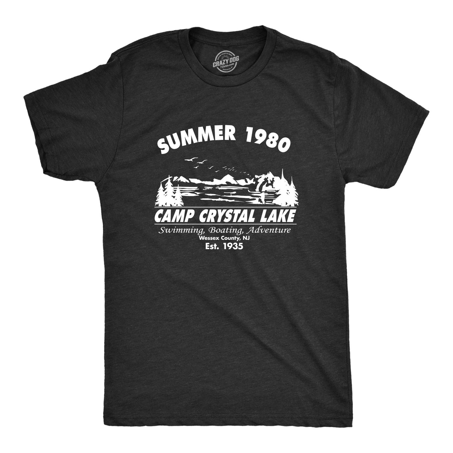 Crazy Dog Men's T Shirt Camp Crystal Lake 1980 Spooky Halloween Horror Movie Slasher Jason Shirt Flick Film Buff 80's Movie Graphic Novelty Tee (Heather Black) - L