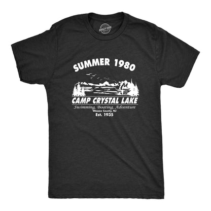 Crazy Dog Men's T Shirt Camp Crystal Lake 1980 Spooky Halloween Horror Movie Slasher Jason Shirt Flick Film Buff 80's Movie Graphic Novelty Tee (Heather Black) - L