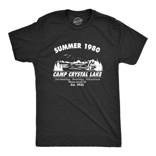 Crazy Dog Men's T Shirt Camp Crystal Lake 1980 Spooky Halloween Horror Movie Slasher Jason Shirt Flick Film Buff 80's Movie Graphic Novelty Tee (Heather Black) - L