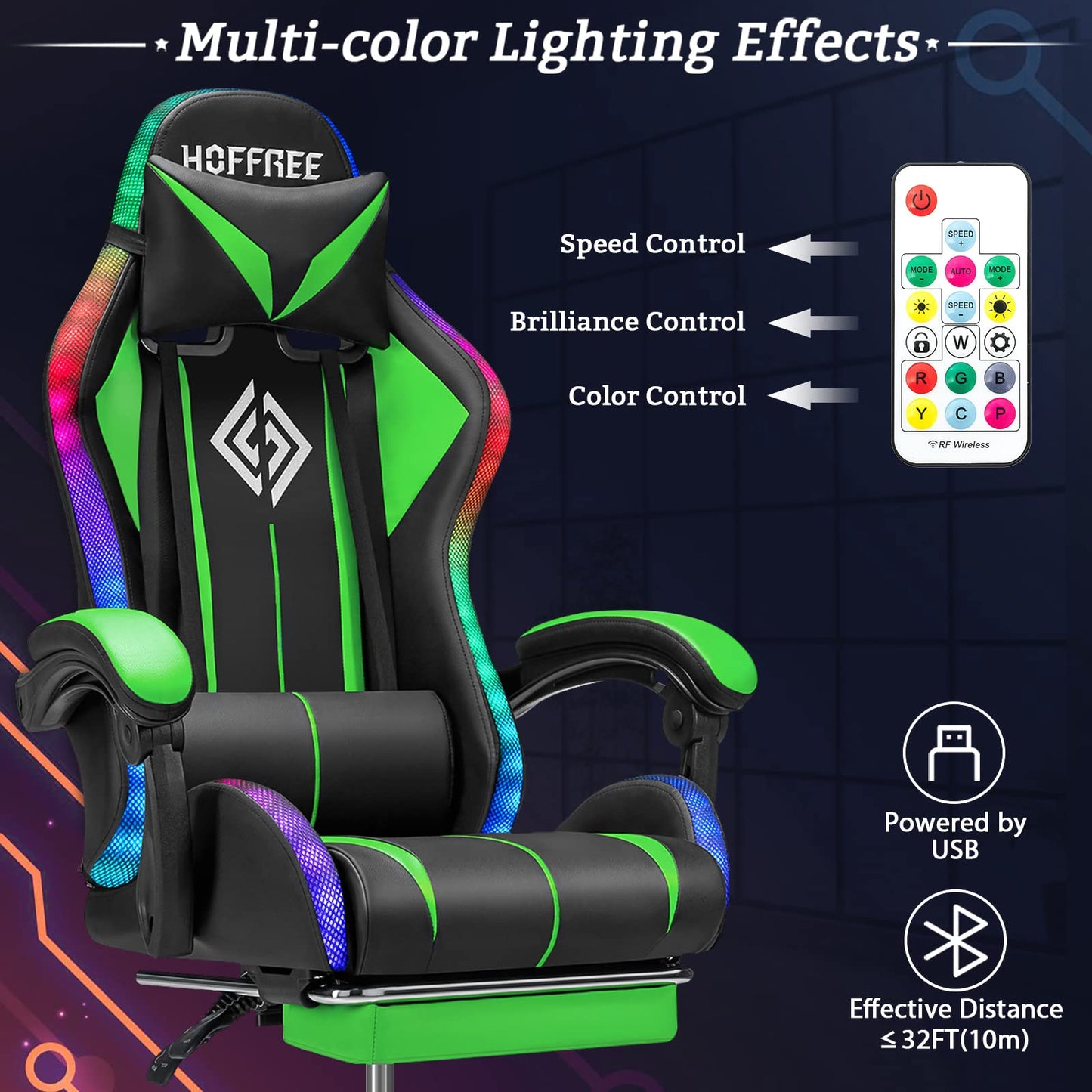 Gaming Chair Massage with Bluetooth Speakers and Lights Ergonomic Computer Game Chair with Footrest LED RGB Lights High Back Music Video Game Chair with Lumbar Support Green and Black