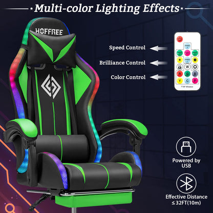 Gaming Chair Massage with Bluetooth Speakers and Lights Ergonomic Computer Game Chair with Footrest LED RGB Lights High Back Music Video Game Chair with Lumbar Support Green and Black