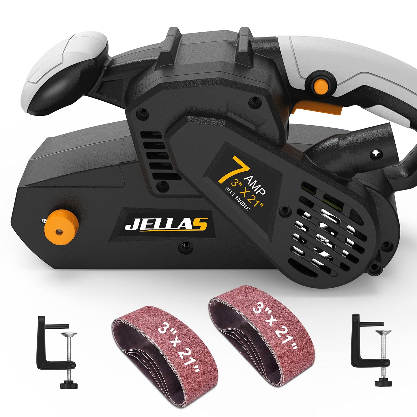 Jellas 7Amp Belt Sander 3 × 21-Inch with Dust Bag, Bench Sander with Variable-speed Control, 2 in 1 Vacuum Adapter, 10 Feet (3 Meters) Length Power Cord - BS750