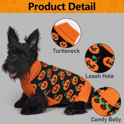 KYEESE Halloween Dog Sweater with Leash Hole Cute Pumpkin Design Winter Warm Turtleneck Cozy and Comfortable Orange Knitwear for Small Dogs Boy Fall Holiday Apparel Halloween Doggy Sweater, Large