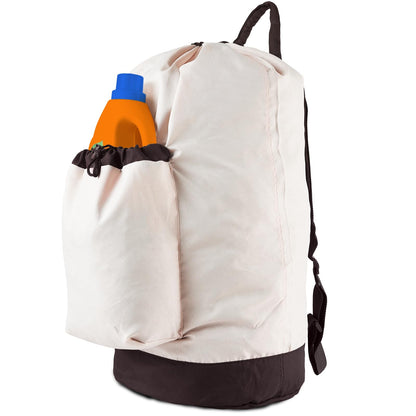 Laundry Bag Backpack with Shoulder Straps and Detergent Holder Clothes, Travel Laundry Backpack Bag Hamper for College Dorm Room (Khaki w Brown)