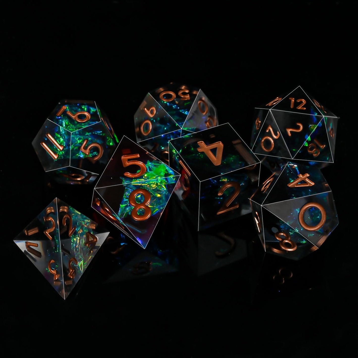 DND Dice Set Sharp Edge Dice Set 7 Piece DND polyhedral Dice Numbers with Gold Leaf Exquisite Tin Box Packaging,Ideal for Dungeons & Dragons RPG and Board Games (Black Copper Lettering)