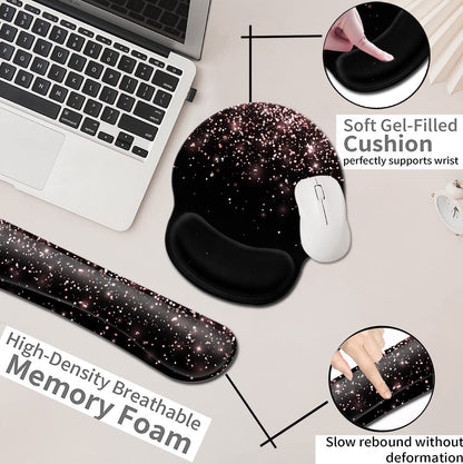 Ergonomic Gel Mouse Pad with Wrist Support - Soft Memory Foam Keyboard Rest, Dirt-Resistant, Suitable for Office Typing & Gaming, Rose Gold Glitter Pattern
