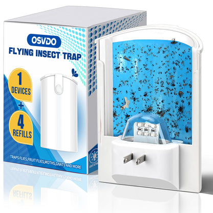 Flying Insect Trap Indoor, Plug-in Fruit Fly Trap for Indoor, Mosquito Killer Gnat Moth Fly Catcher with Night UV Light, Mosquito Attractant Bug Zapper for Home, Office (1 x Device & 4 x Refills)