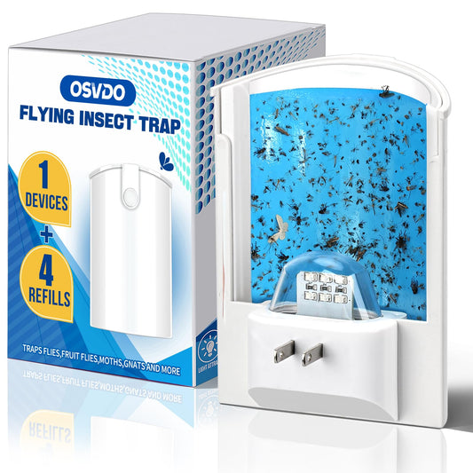 Flying Insect Trap Indoor, Plug-in Fruit Fly Trap for Indoor, Mosquito Killer Gnat Moth Fly Catcher with Night UV Light, Mosquito Attractant Bug Zapper for Home, Office (1 x Device & 4 x Refills)