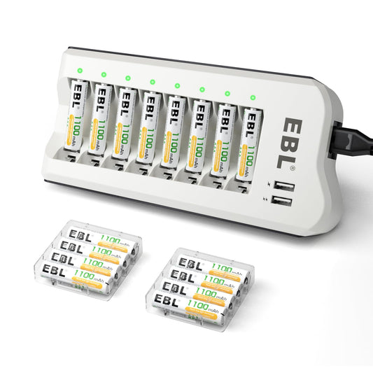 EBL 1100mAh NiMH AAA Rechargeable Batteries (16 Pack) and Rechargeable AA AAA Battery Charger with 2 USB Charging Ports