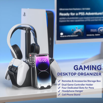 KDD Dual Controller Holder with Headphone Stand - Multi-Functional Desk Storage Box with Phone Holder - Universal Controller Stand with Desktop Organizer for Remote Control Pen Accessories