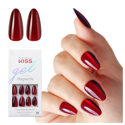KISS Gel Fantasy Magnetic Press On Nails Almond, Solid Red, Medium Length, 28 Fake Nails, Pink Gel Nail Glue (Net Wt. 2 G / 0.07oz.), Manicure Stick, and Mini Nail File
