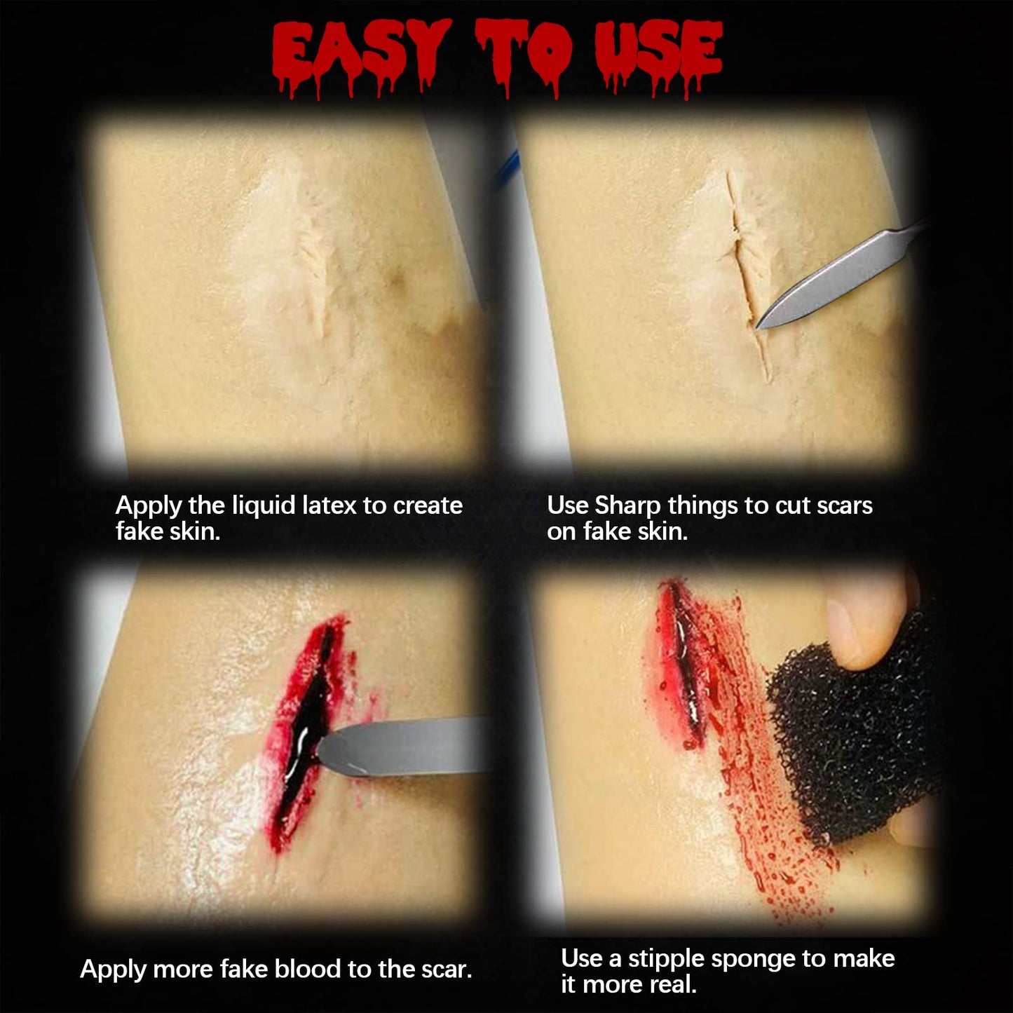 Halloween SFX Makeup Kit Fake Blood(100ML) + Liquid Latex(60ML) + Spatula Tool + 2Pcs Stipple Sponge For Scary Halloween Special Effects Cosplay Costumes Decorations