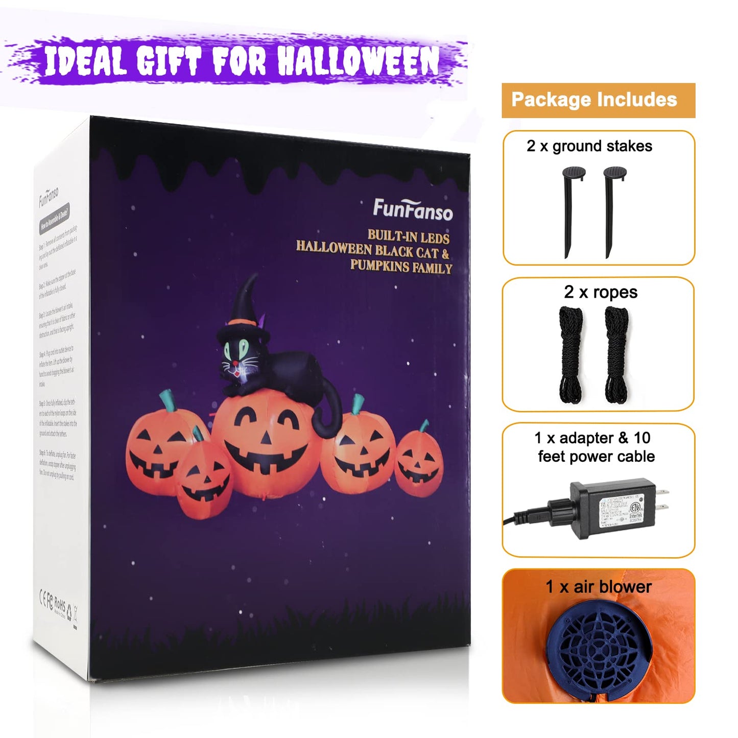 5FT Halloween Inflatable Pumpkin Outdoor Decoration, Lighted Blow Up Yard Decor, 5PCS Pumpkins with Witch’s Black Cat Built-in LED Lights for Balcony Home Holiday Party Lawn Patio Outside Events Prop