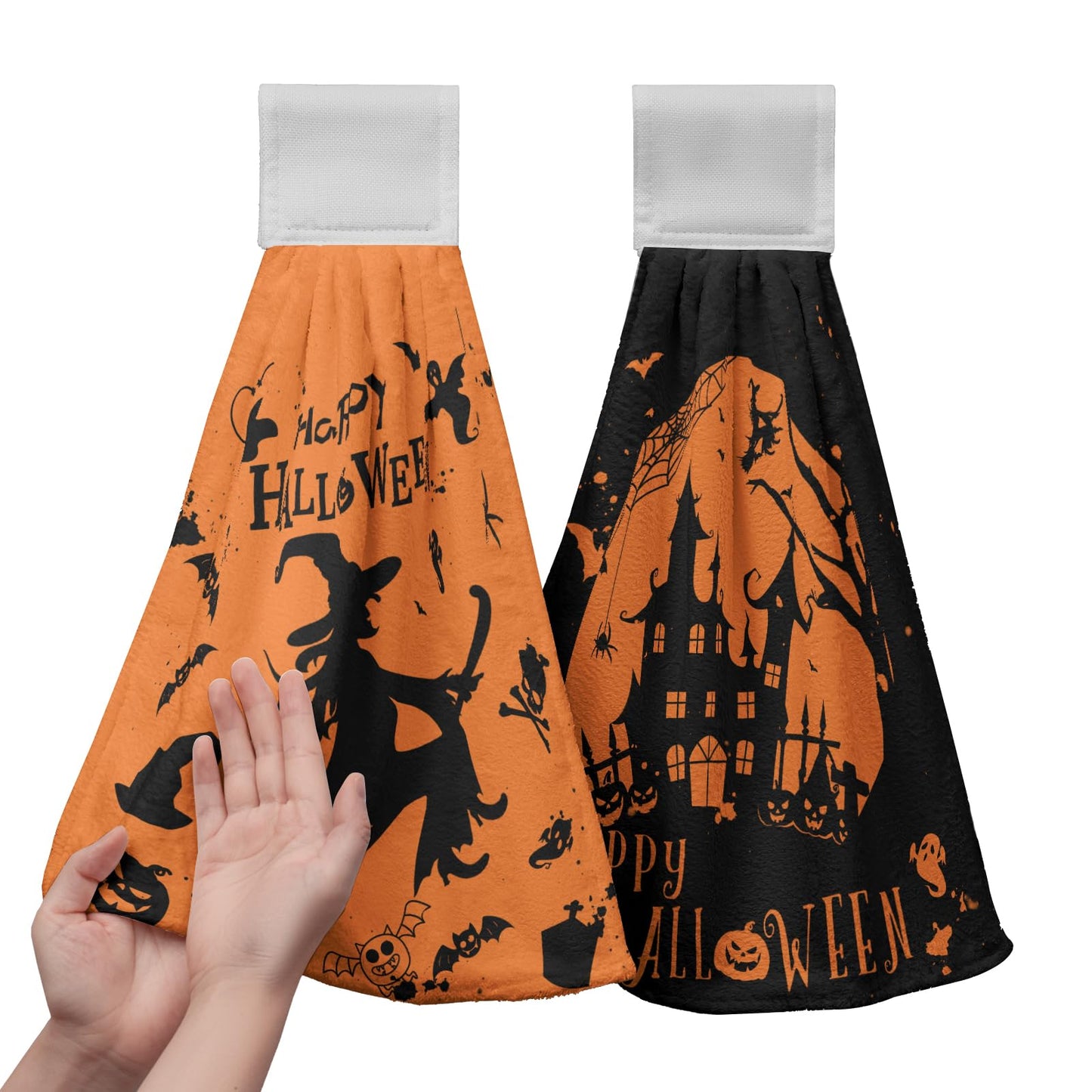 Happy Halloween Hanging Hand Towels Set of 2 for Bathroom Witch Castle Spider Web Kitchen Towels with Hanging Loop Orange and Black Holiday Dish Towel Soft Absorbent Fingertip Fast Dry Bath Towels