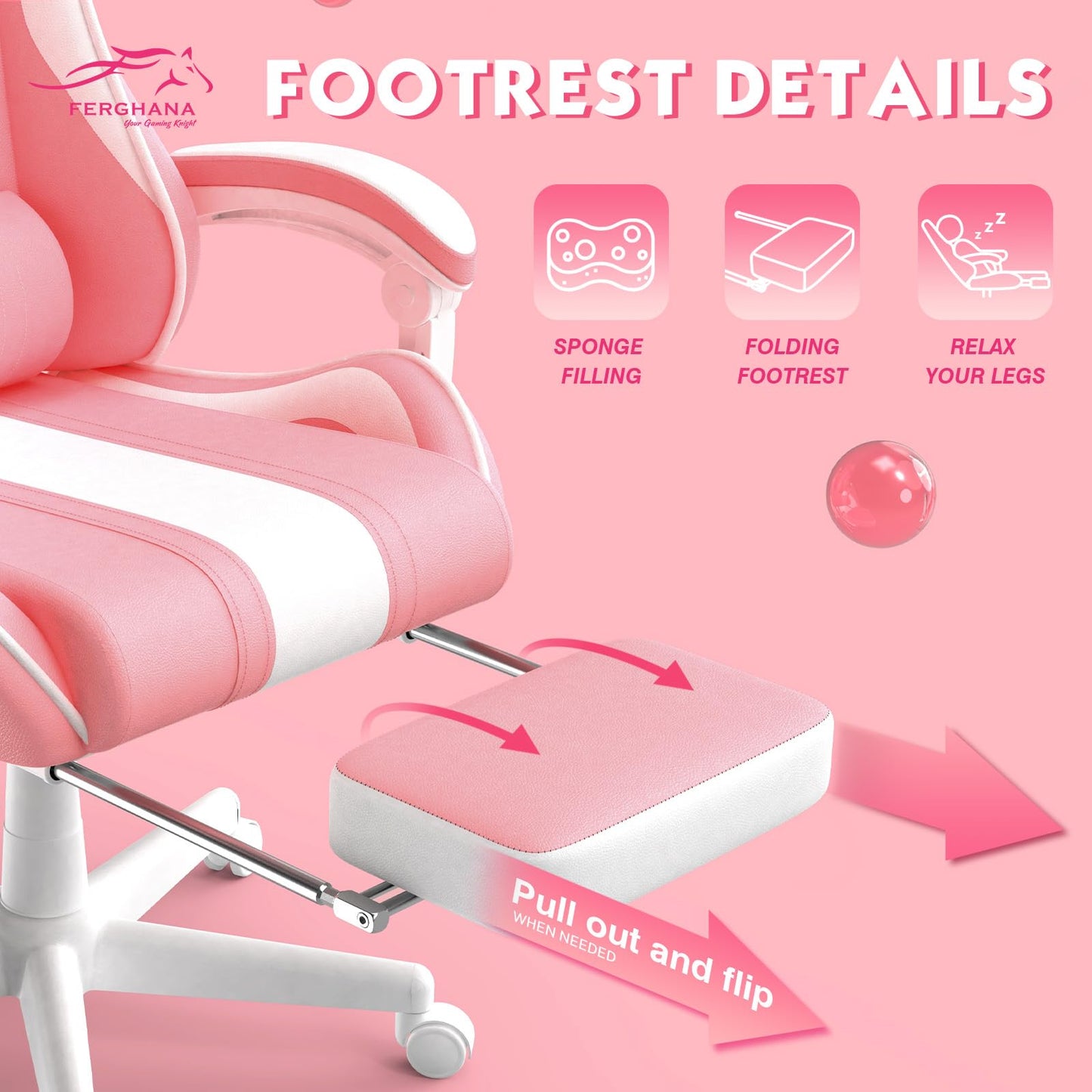 Ferghana Kawaii Pink Gaming Chair with Bunny Ears, Ergonomic Cute Gamer Chair with Footrest and Massage, Racing Reclining Leather Office Computer Game Chair 250lbs for Girls Adults Teens Kids