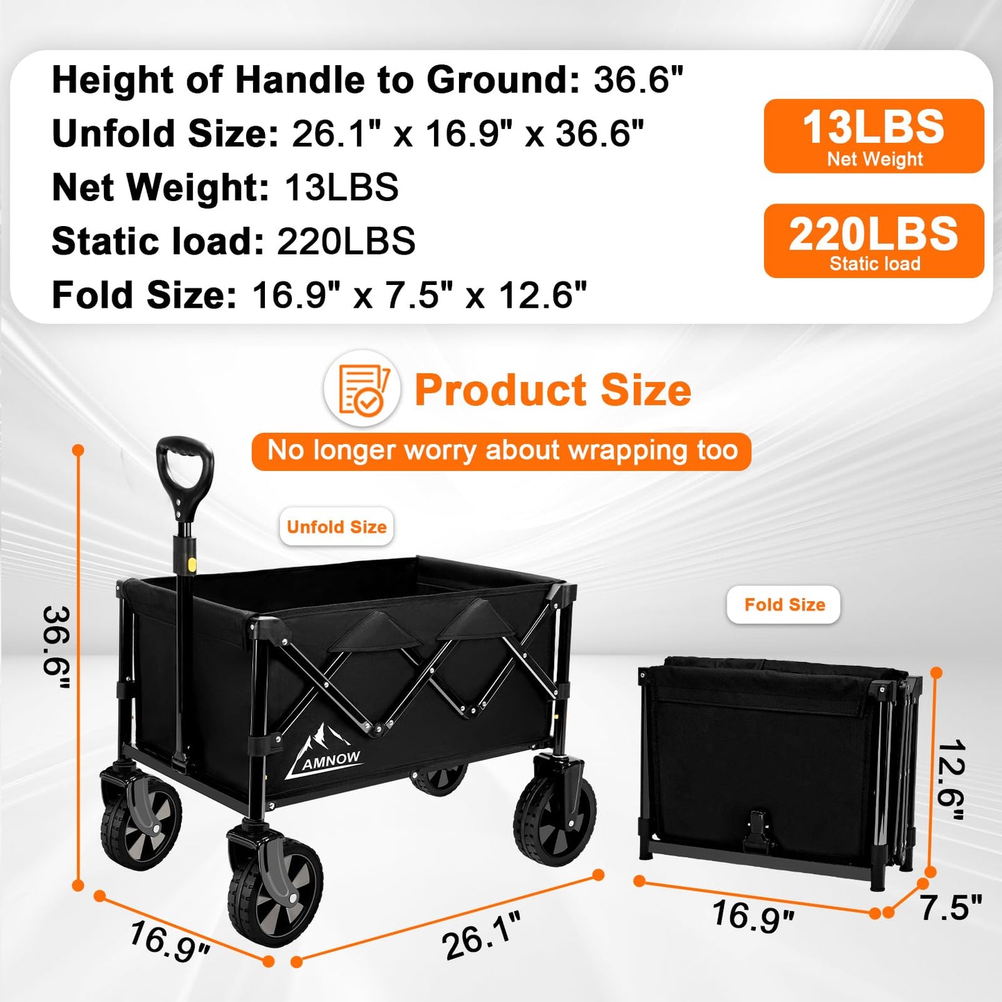 Collapsible Wagon Cart with Wheels Foldable, Folding Wagons Carts with Silent Universal Wheels, Large Grocery Cart On Wheels, Heavy Duty Utility for Shopping Beach Sports Fishing Camping, Black