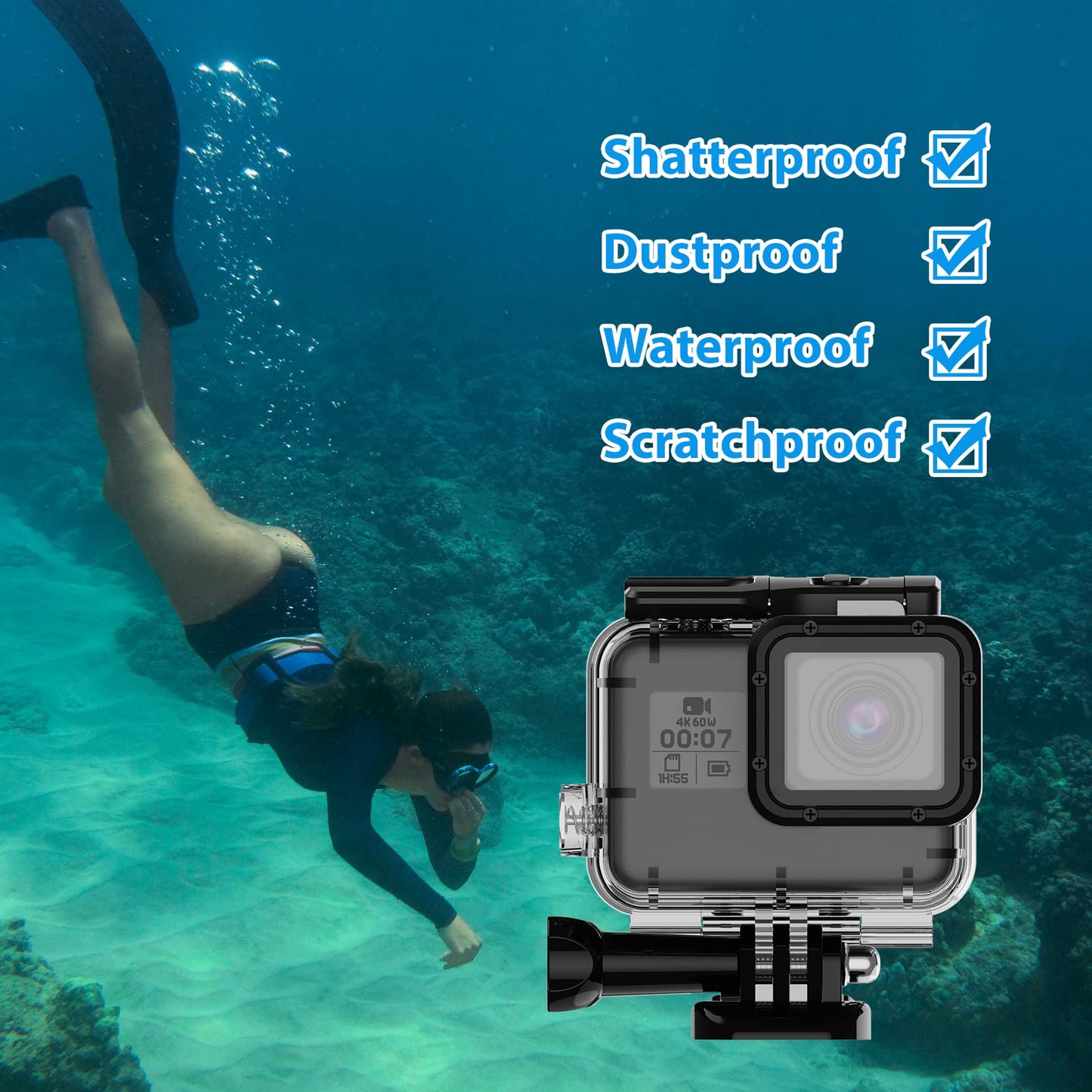 HONGDAK Waterproof Housing Case for GoPro Hero 7/6/5 Black(2018), 196ft/60m Waterproof Diving Protective Housing Shell with Touchable Cover for GoPro Action Camera Underwater Dive Case Shell