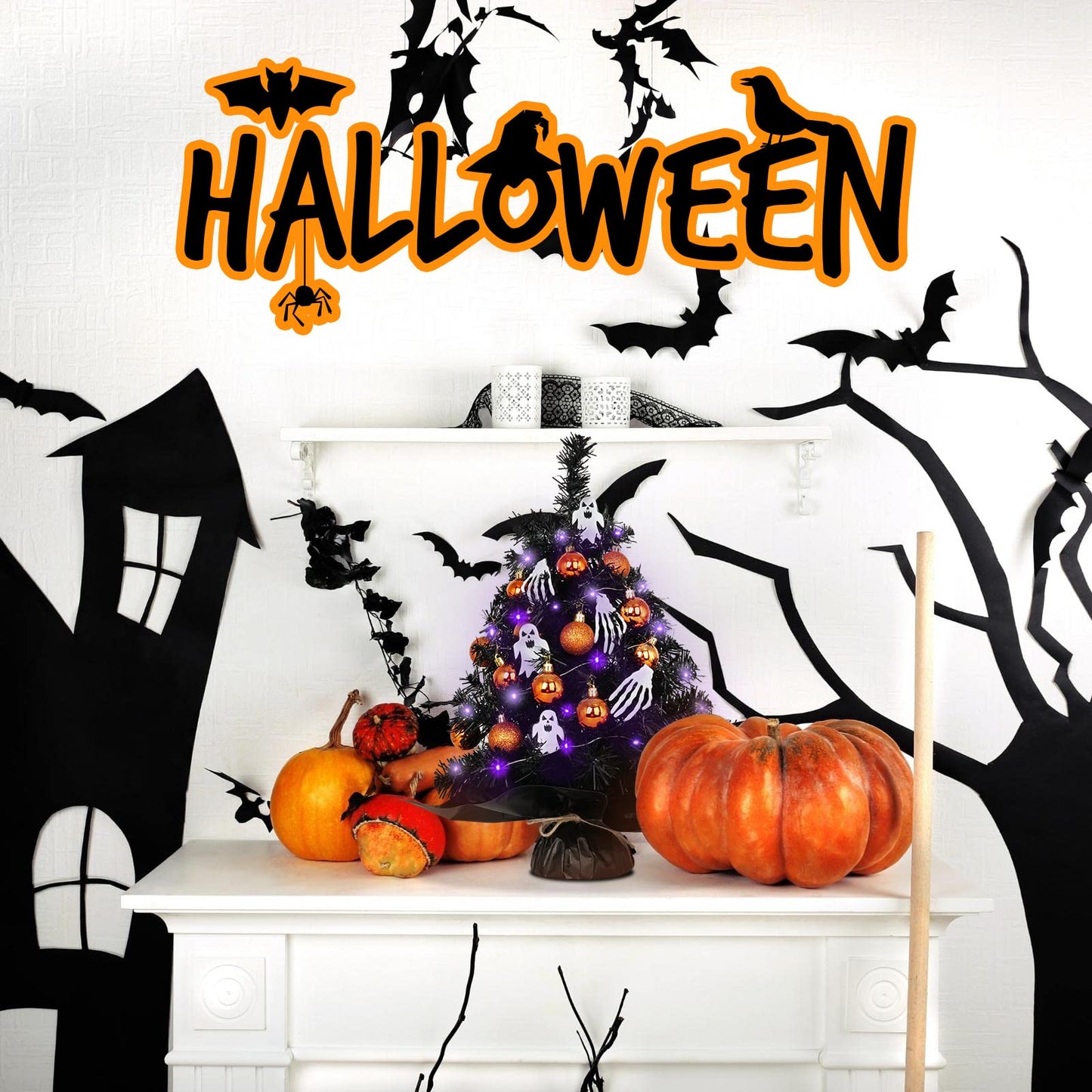 20" Mini Halloween Tree Black Tree Artificial Mini Halloween Tree with Purple LED Lights, Orange Balls Ornaments, Skeleton Hand and Ghost Decorations for Halloween Tabletop Decoration