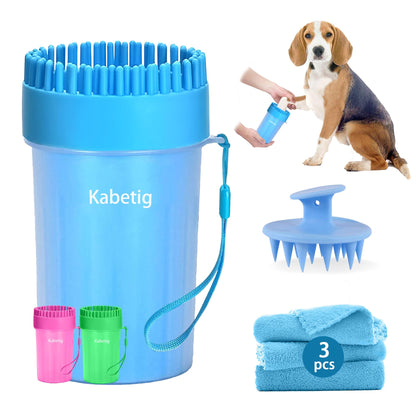 Kabetig Dog Paw Cleaner for Meduim Small Breed Dogs with 3Pcs Absorbent Towels & Graspable Dog Bath Brush (Blue, Medium)