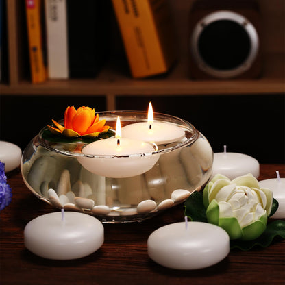 KNOURT 36 Pack Floating Candles, 3” White Unscented Dripless Wax Burning Candles, for Weddings, Party, Cylinder Vases, and Home Decorations