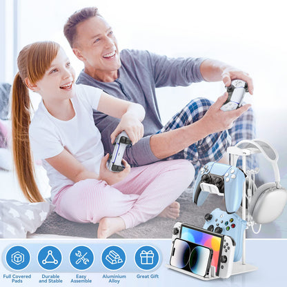 KDD Headphone Stand, Controller Holder & Headset Holder for Desk, Earphone Stand with Aluminum Supporting Bar, Universal Storage Organizer Headphones/Controller/Switch/Mobile Phone(White)