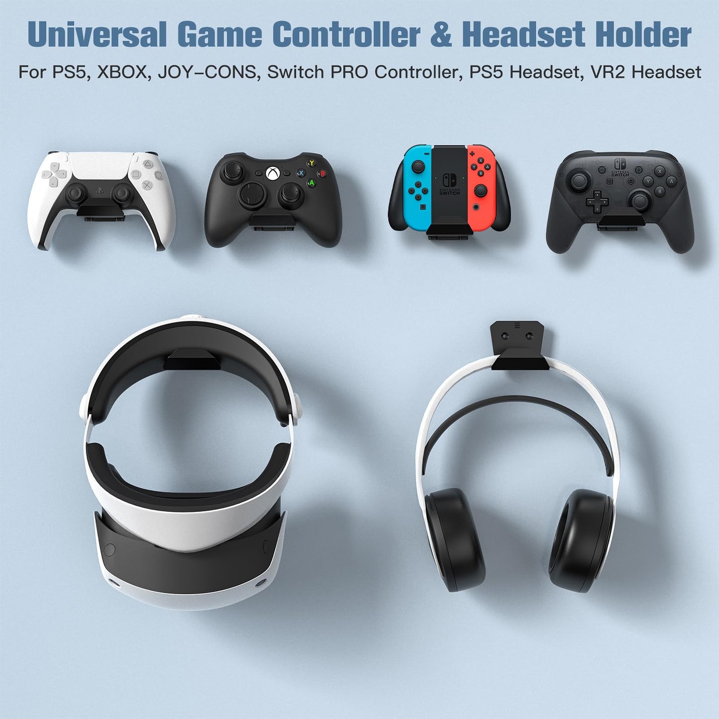 KUNSLUCK 6 Pack Controller Wall Mount – Universal Game Controller Holder for PS5, Xbox, Switch – Adhesive or Screw Installation – Headset & Controller Storage Hook (Black)