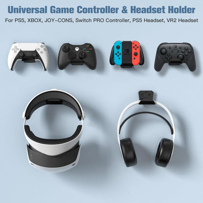 KUNSLUCK 6 Pack Controller Wall Mount – Universal Game Controller Holder for PS5, Xbox, Switch – Adhesive or Screw Installation – Headset & Controller Storage Hook (Black)