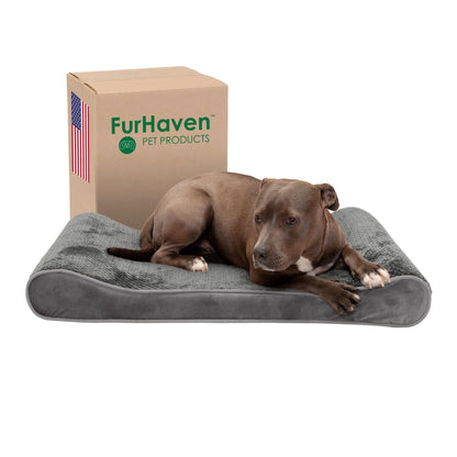 Furhaven Pet Dog Bed - Cooling Gel Foam Minky Plush and Velvet Ergonomic Luxe Lounger Cradle Mattress Contour Pet Bed with Removable Cover for Dogs and Cats, Gray, Large