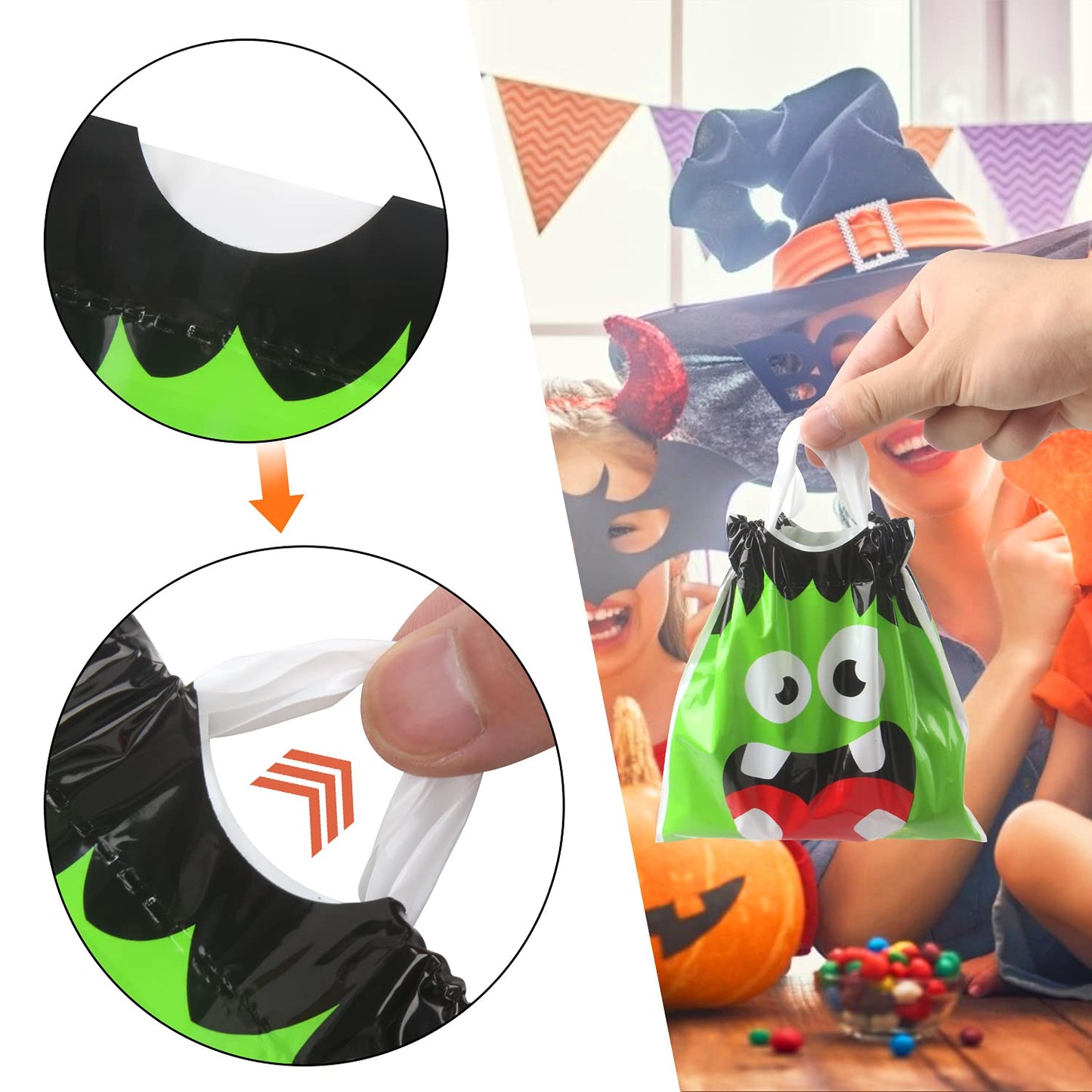 DIYASY 72 Pcs Halloween Drawstring Treat Bags, Small Plastic Candy Bags with Handle Trick or Treat Halloween Party Favors Supplies