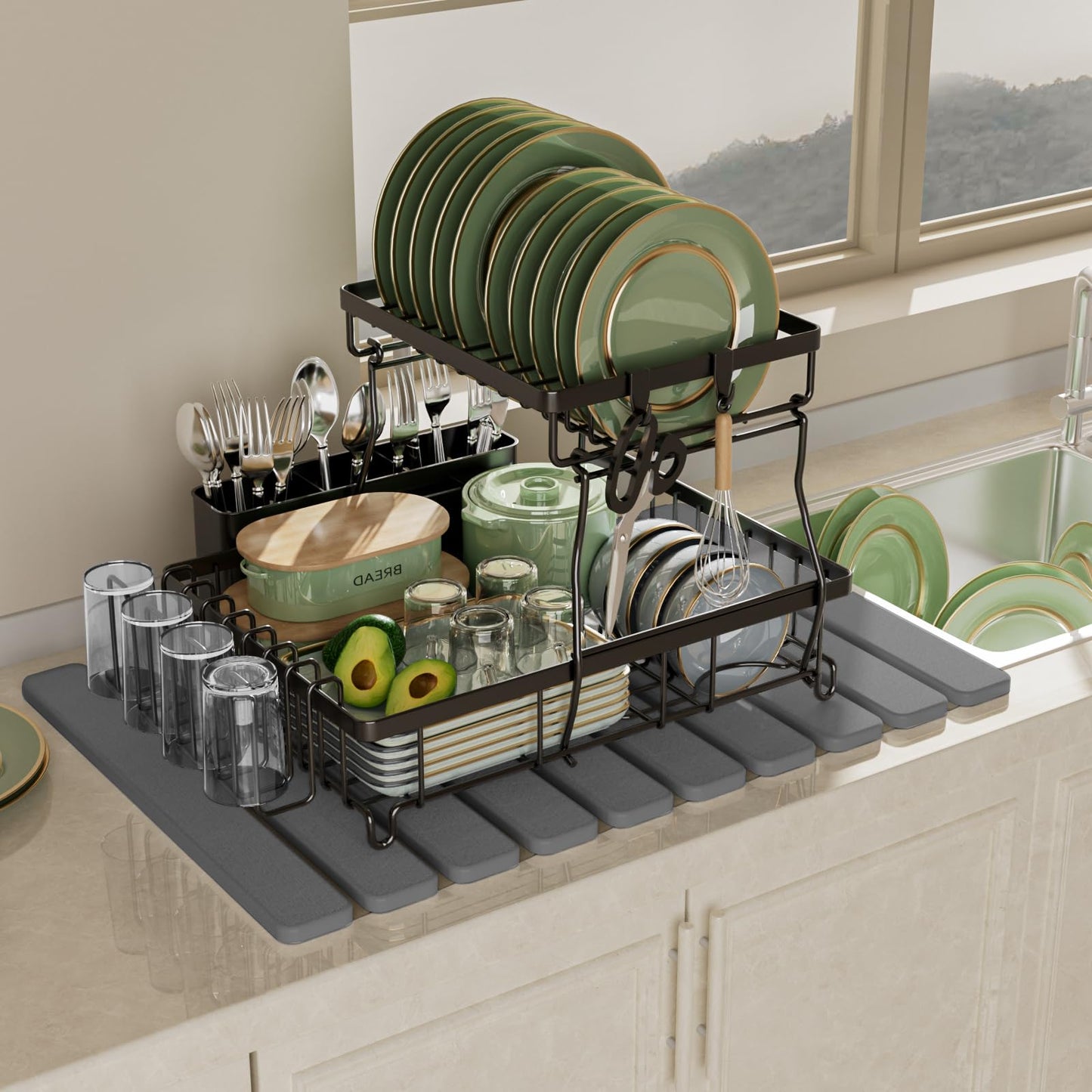 Foldable Stone Bath Mat, Quick Dry Stone Drying Mats for Bathroom, Super Absorbent Bath Stone Mat, Non Slip, Large Diatomaceous Earth Dish Drying Mats for Kitchen Counter 23.5 x 15.4in, Dark Gray