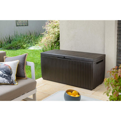Keter Springwood 80 Gallon Resin Outdoor Storage Box for Patio Furniture Cushions, Pool Toys, and Garden Tools with Handles, Brown