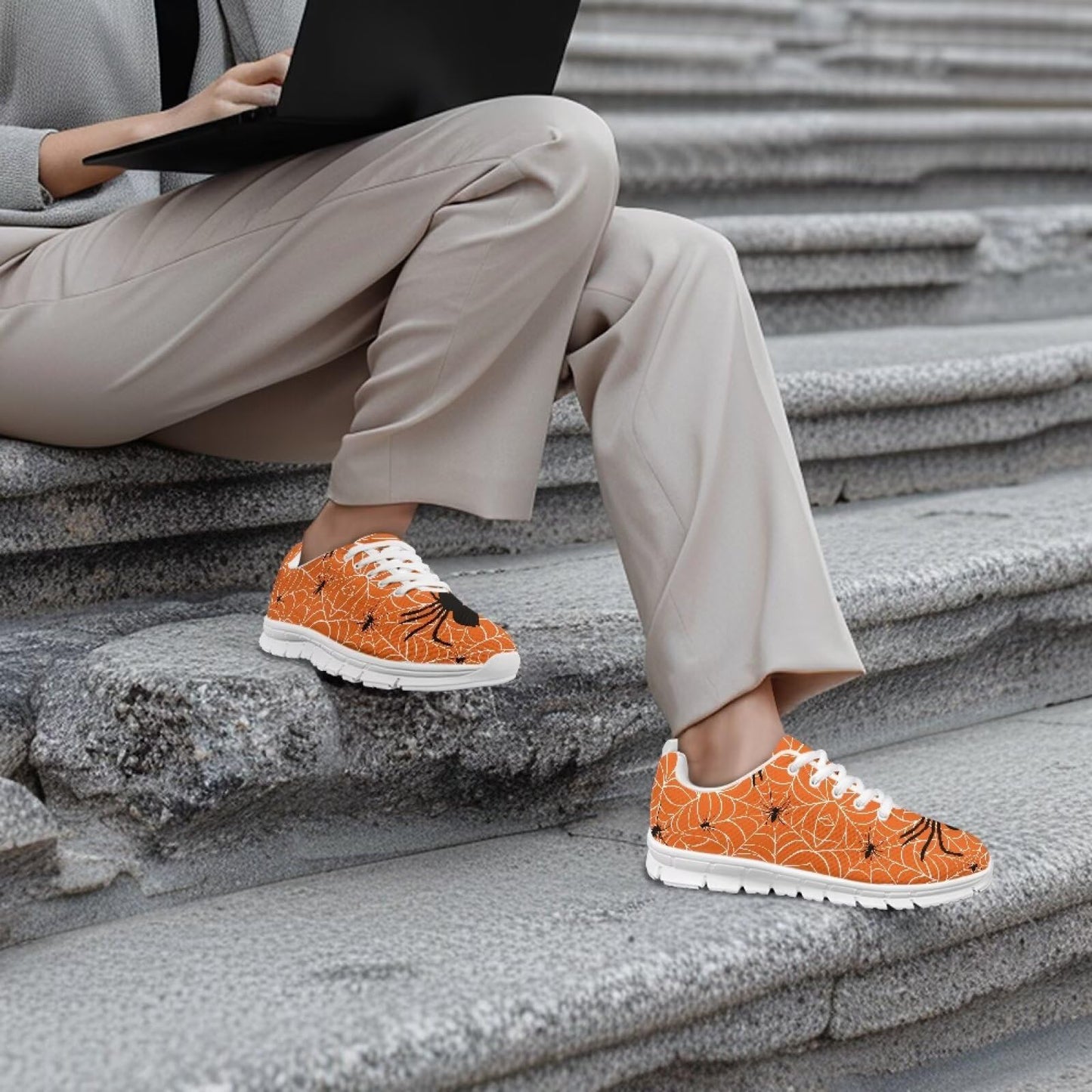 GIFTPUZZ Orange Web Men's Slip-On Sneakers Halloween Themed Lightweight Walking Shoes with Non-Slip Sole for Indoor/Outdoor Comfortable Casual Fashion Gifts for Halloween Size 45