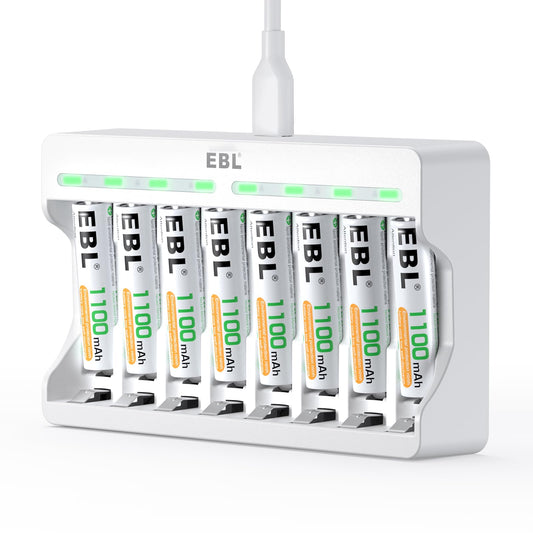 EBL Rechargeable AAA Batteries 1100mAh (8 Counts) and 8 Slot AA AAA Independent Rechargeable Battery Charger with 5V 2A USB Fast Charging Function