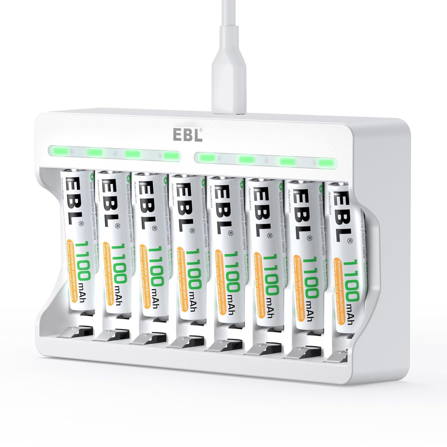 EBL Rechargeable AAA Batteries 1100mAh (8 Counts) and 8 Slot AA AAA Independent Rechargeable Battery Charger with 5V 2A USB Fast Charging Function