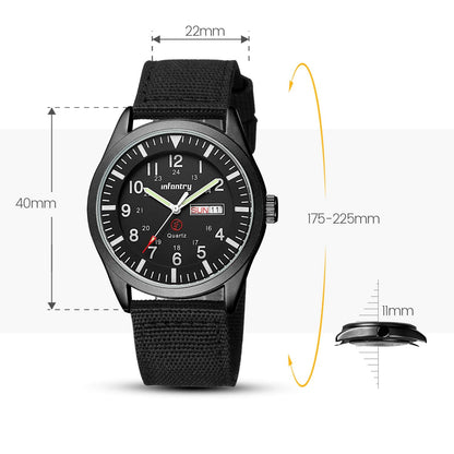 Infantry Mens Military Army Outdoor Sport Watch Field Tactical Black Wrist Watches for Men Waterproof 24 Hour Work Date Day Analog Wristwatch Nylon Band