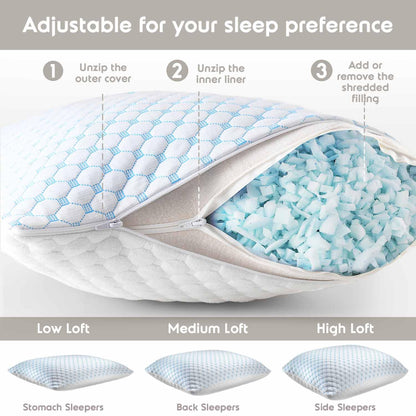 Nestl Cooling Kids Pillow for Sleeping 1 Pack, Luxury Shredded Memory Foam Pillows Kids Size, Adjustable Cold Gel Pillows for Hot Sleepers Supportive Cool Pillow for Side Back Stomach Sleepers