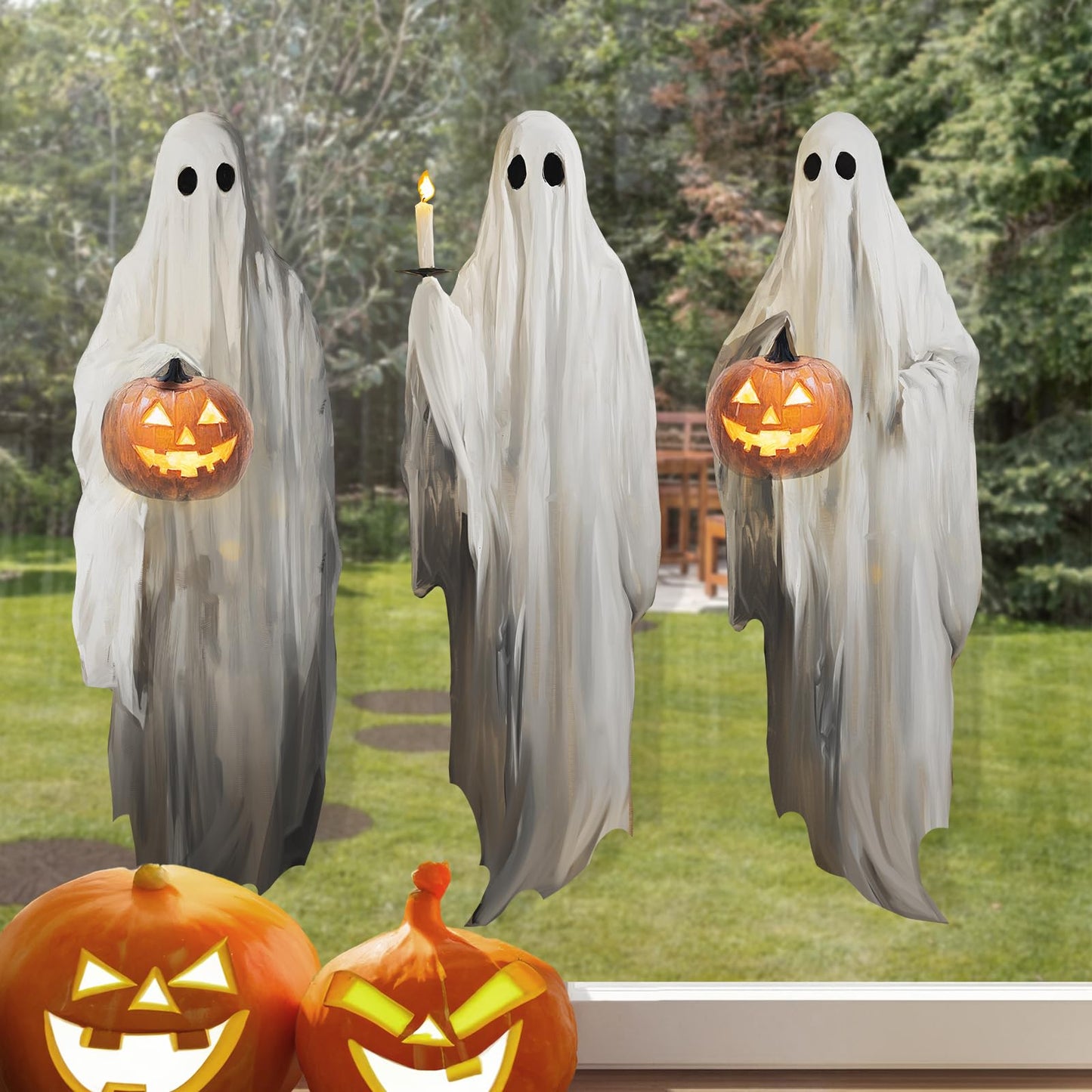Halloween Decorations Window Clings Decor, 3pcs Extra Large Scary White Ghosts with Pumpkin Lantern Halloween Window Decals Indoor, Creppy School Home Office Party Supplies for Glass Windows, 3 Sheets