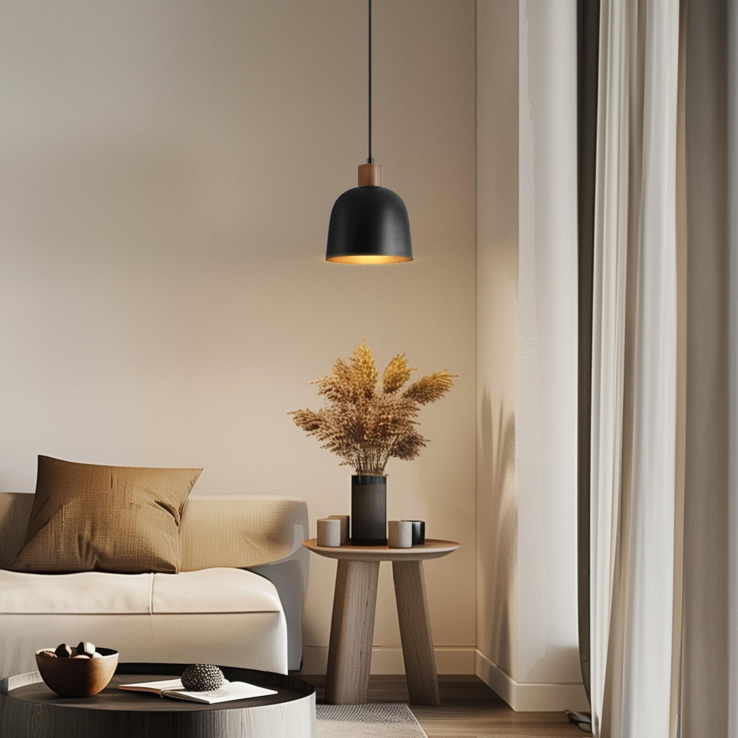 GLOBE Electric 67000193 1-Light Pendant Lighting, Matte Black, Wood-Toned Accent on Socket, 5ft Black Fabric Cord, Home Improvement, Kitchen, Living Room, Hanging Ceiling Light