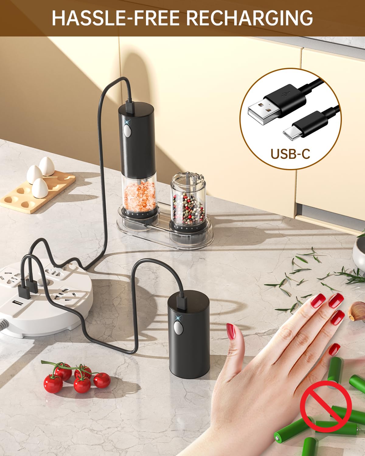 CIRCLE JOY Electric Salt and Pepper Grinder Set Rechargeable Salt and Pepper Mills with 6-Level External Adjustable Coarseness, White LED Light and Storage Base, Black