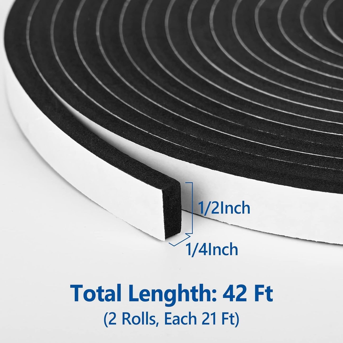 Kikerike Self Adhesive Foam Tape Weatherstrip 1/2In x 1/4In x 42Ft High Density Foam Insulation Strips Seal Weather Stripping with Strong Adhesive for Door and Window Sound Isolation Soundproofing