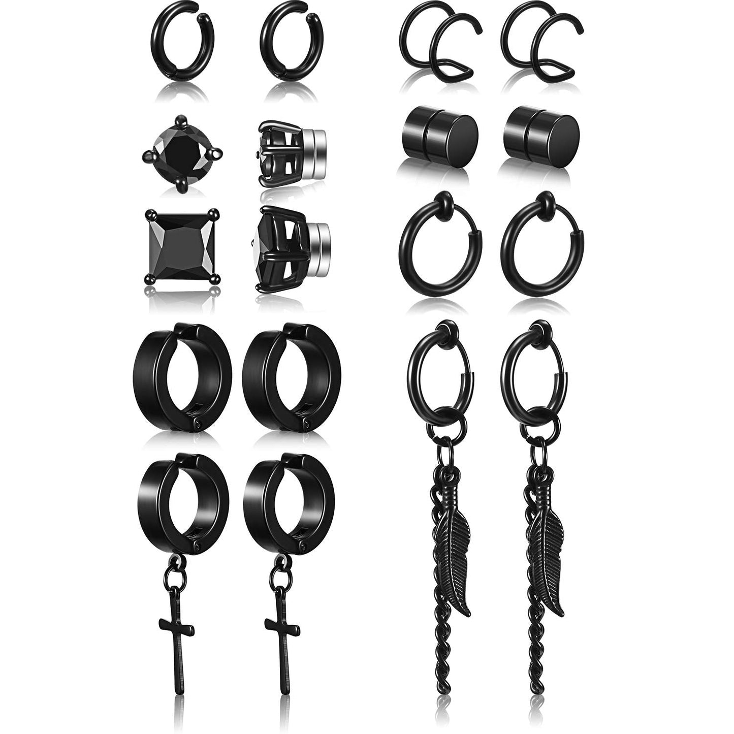 9 Pairs Magnetic Stud Earrings Stainless Steel Feather Dangle Hinged CZ Magnet Non-Piercing Cross Dangle Hoop Earring Set, Black, Stainless Steel