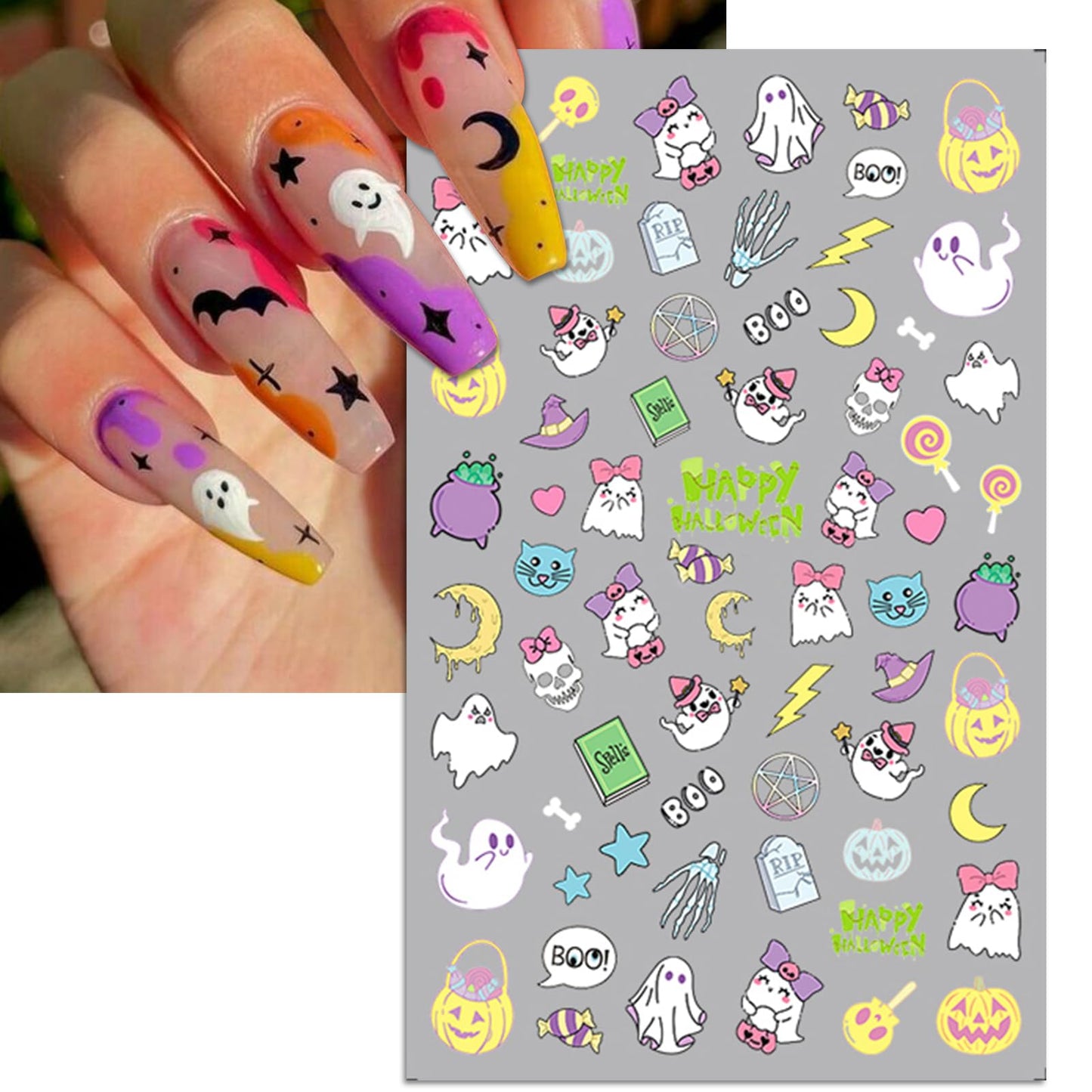 IDDFEVE Halloween Nail Art Stickers, Gradient Pumpkin, Horror Mask Nail Decals, 3D Self-Adhesive Spider-Web Bat Design for DIY Nail Supplies Decoration (5 Sheets)