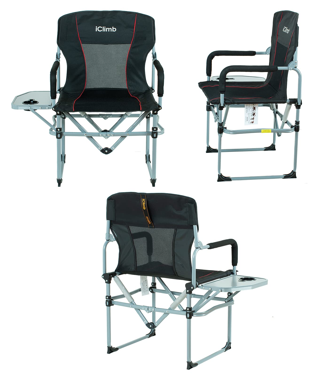 iClimb Heavy Duty Compact Camping Folding Mesh Chair with Side Table and Handle (Black, 2PC)